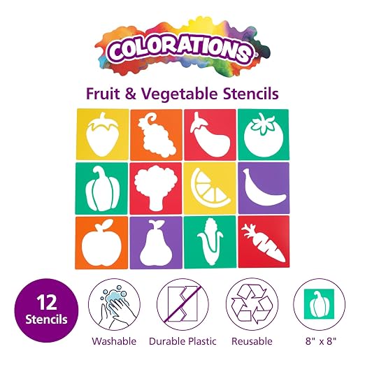 Colorations Fruit & Vegetable Shapes Stencils for Kids, 8" Sq., Set of 12 | Ages 3+, PreK+, Jumbo, Sturdy, Washable, Paint, Draw, Spray, Classroom, Arts & Crafts,, Educational