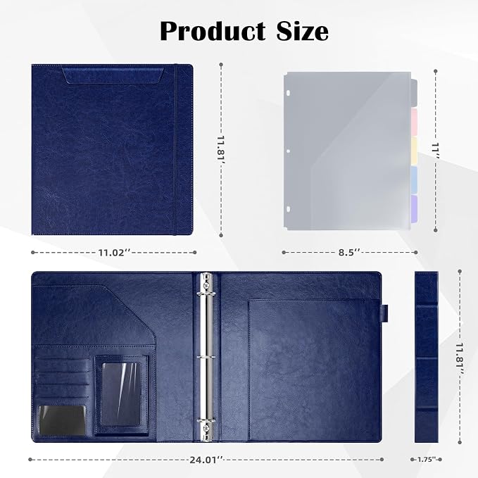 Ospelelf 3 Ring Clipboard Binder with Storage Pouch, 1 Inch Round Ring, Leather Magnetic Clipboard Folder with Notepad (11" x 8.5"), 5 Dividers with 10 Pockets, School Office Binder, Navy Blue
