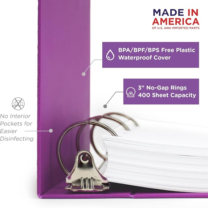 Carstens 3-Inch Heavy Duty 3-Ring Binder - Side Opening, Dewberry Purple, Durable Plastic, Precision No-Gap Rings, Waterproof Cover, No Pockets, Holds 400 Letter Sheets, BPA-Free Made in USA (1707-3R)