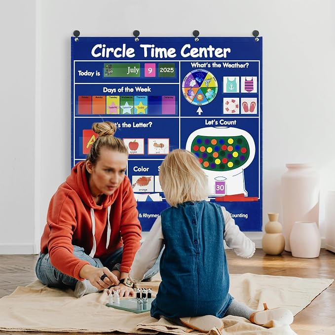 Circle Time Learning Center Classroom Pocket Chart, Educational Teaching Materials with Cards for Preschool, Learning Calendar Weather Letter Rhyme Color Shape Counting Number etc, Blue