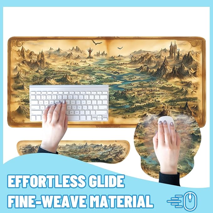Fantasy Map Mouse Pad Set Vintage Medieval Dragon Castle World Gaming Mousepad 4in1 Desk Mat for Desktop Anti-Slip XXL Big Computer Ergonomic Mousepad with Wrist Support for Keyboard and Mouse