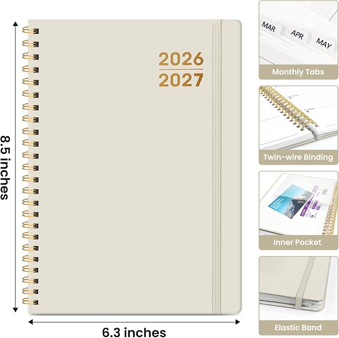 Taja Planner 2026-2027, Jul 2026-Jun 2027 Monthly & Weekly Calendar Book | 6.3" x 8.5", Hardcover Academic Calendar with Tabs, Teacher Student Agenda Book for School Office Supplies - Beige