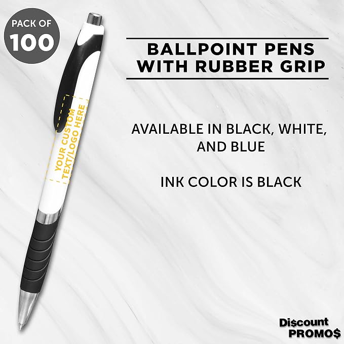 DISCOUNT PROMOS Ballpoint Pens With Rubber Grip - 100 pack - Customizable Text, Logo - Black Ink Ball Point Pen with Soft Touch Plastic - White