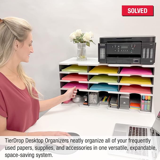 Ultimate Office TierDrop Desktop Organizer, 9 Compartment Sorter Plus Riser | Riser base gives easy access to lower slots and stores desk accessories; modular no-tool design, expands with add-on tiers