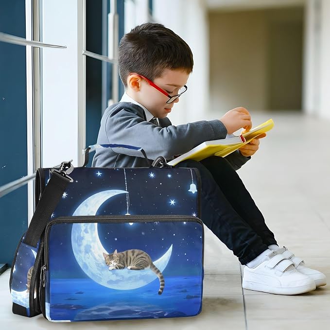 Cat Wind Chimes Moon 3 Ring Zipper Binder Bag Binder Organizer with Handle Shoulder Strap for School Work Office Supplies