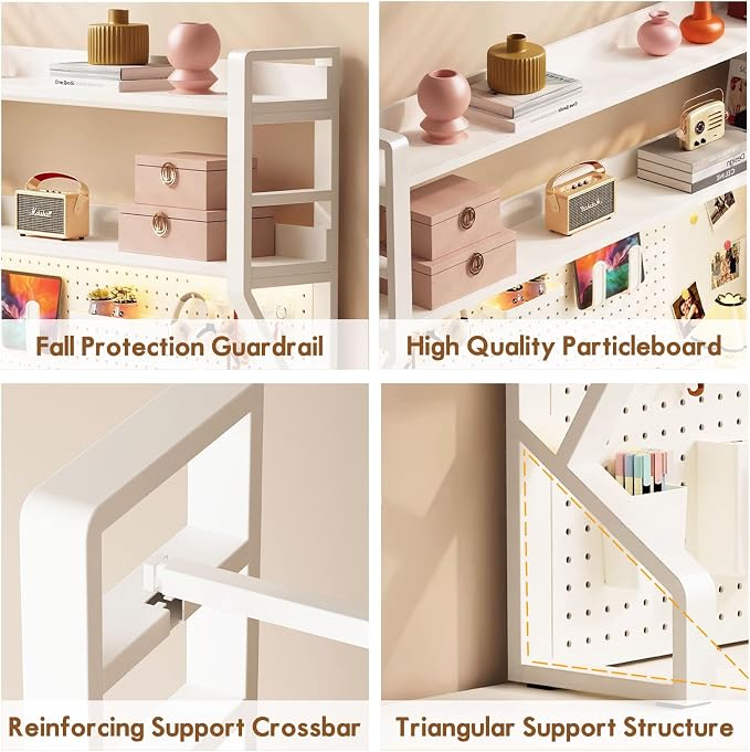 Lefedrasticity 3 Tier Desktop Bookshelf with Pegboard Desktop Organizer Shelf for Dorm Heavy-Duty Desk Shelf Organizer Desk Bookshelf for Office Dorm Room Gaming Desks (White, 45.3" L)