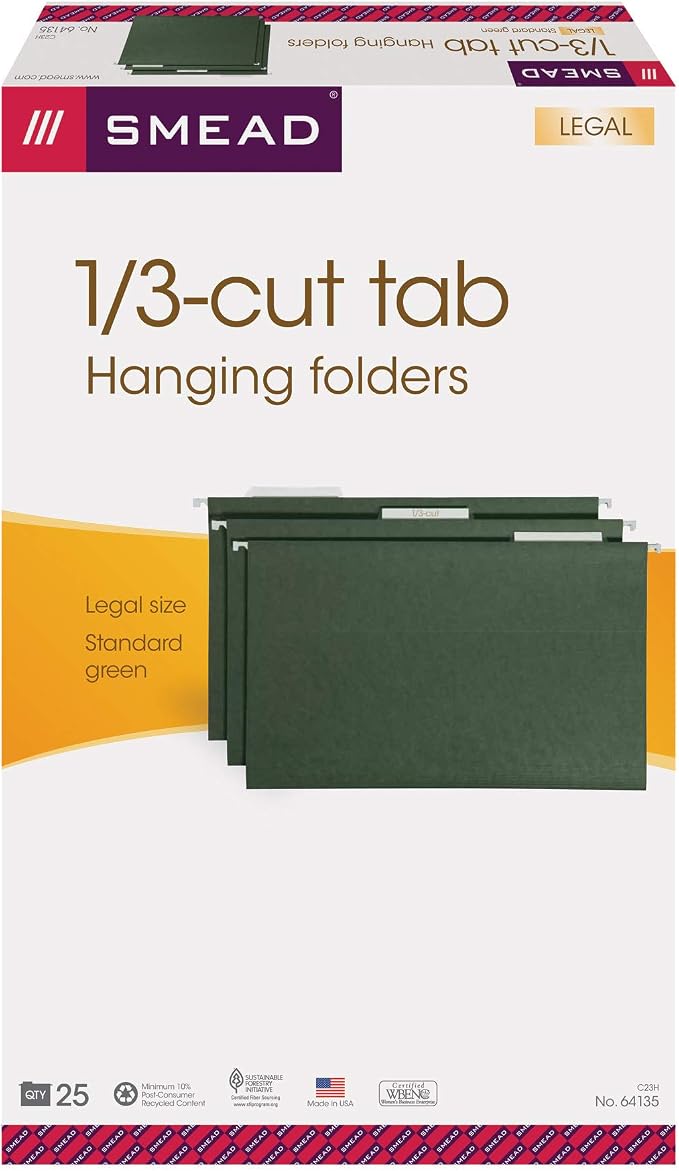Smead Hanging File Folder with Tab, 1/3-Cut Adjustable Tab, Legal Size, Standard Green, 25 per Box (64135) (Pack of 2)