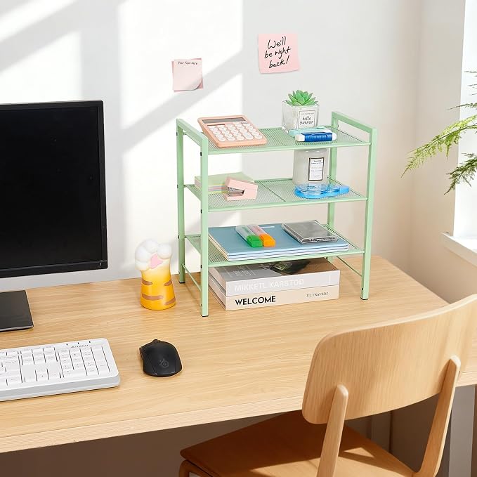 Desktop Shelf Organizer, 3-Tier Desk Organizer, Adjustable Metal Bookshelf for Top of Desk, Office Storage Rack for Office, Home, Dorm and Small Spaces (Mint Green)