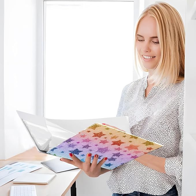 Rainbow Star Glitter Pattern 3 Ring Binder with 2 Interior Pockets 1.5 inch Binders 3 Ring Heavy Duty Fit 8.5" x 11" Letter Size for Office School, 2 Pack