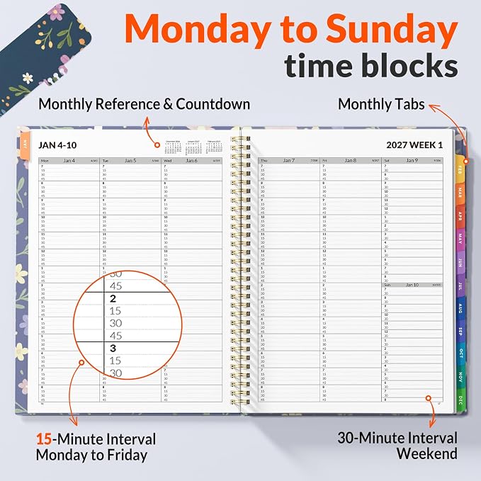 SUNEE 2027 Appointment Book, Quarter-Hourly, Weekly Monthly Planner, 8.5"x11",Navy Flower