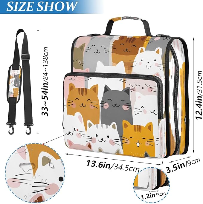 ALAZA Kawaii Cats Zipper Binder 3 Ring Cute Binder Organizer with Zipper and Shoulder Strap Large Capacity Multi-Pocket Trapper Keeper File Folder for Office Supplies