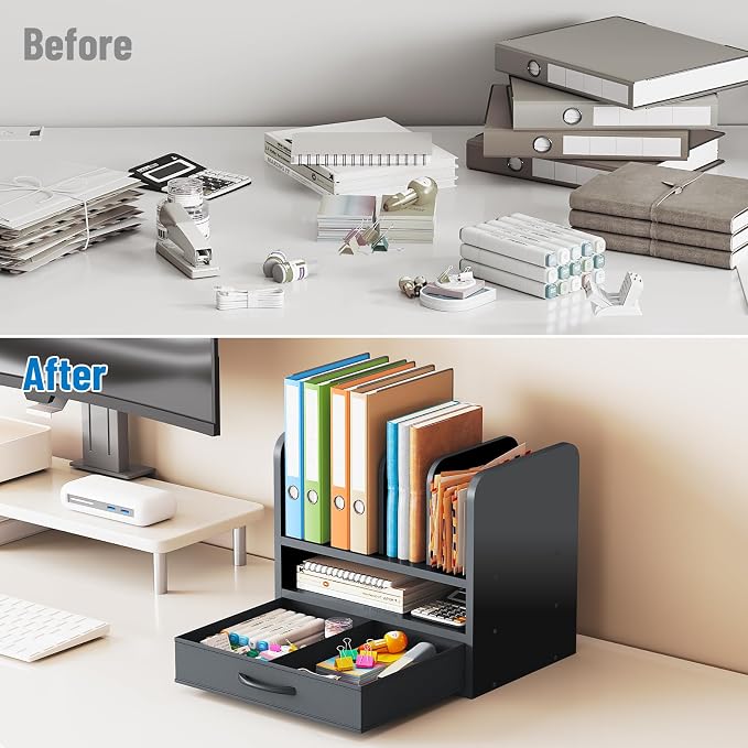 Desk File Organizer for Home, Office, School, Wooden Frame Desktop Storage Solution for Office Supplies, Documents, Papers, Folders and Stationery, Space-Saving and Stylish Document Sorter