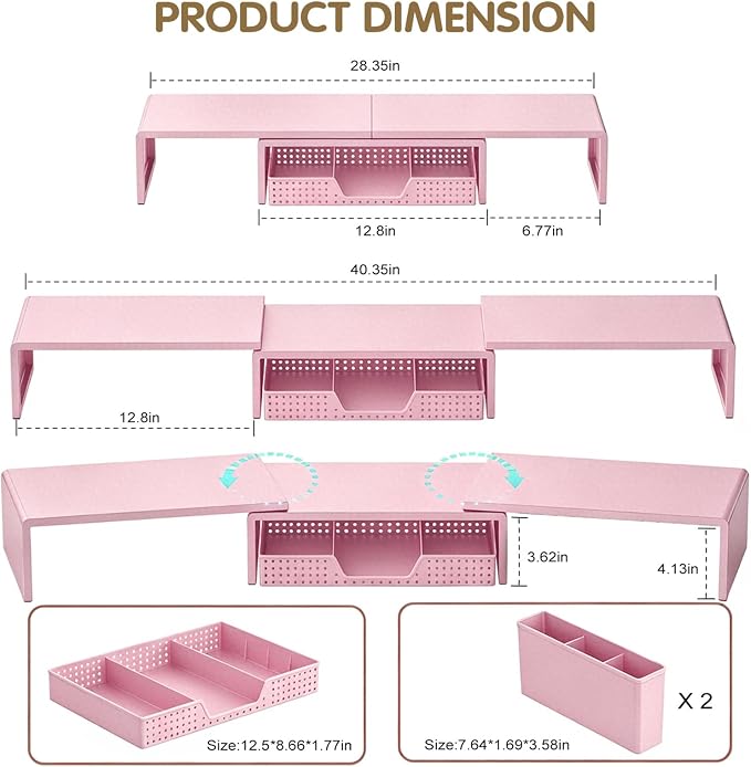 LEKETREE Dual Monitor Stand Riser with Drawer, Desk Organizer and Accessories, Monitor Stand for Desk, Desktop Stand for Computer, Laptop, TV and More (Pink)