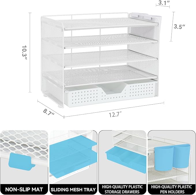 LEKETREE Desk Organizer and Accessories, 5-Tier Paper Letter Tray Organizer with Drawer & 2 Pen Holders for Desktop File Organization, Office Desk Accessories for Supplies Storage (White)