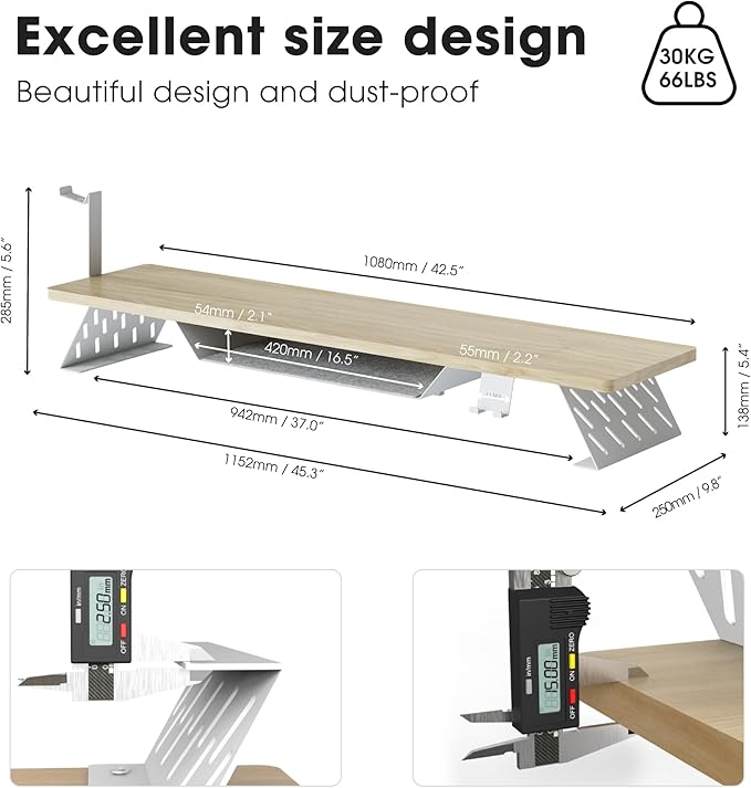 Fenge Dual Monitor Stand, Wooden Desk Shelf with Headphone & Phone Holder | 42.5" Monitor Riser with Storage Shelf, 2-Tier Monitor Shelf with Metal Leg for Home Office Organizer, Oak