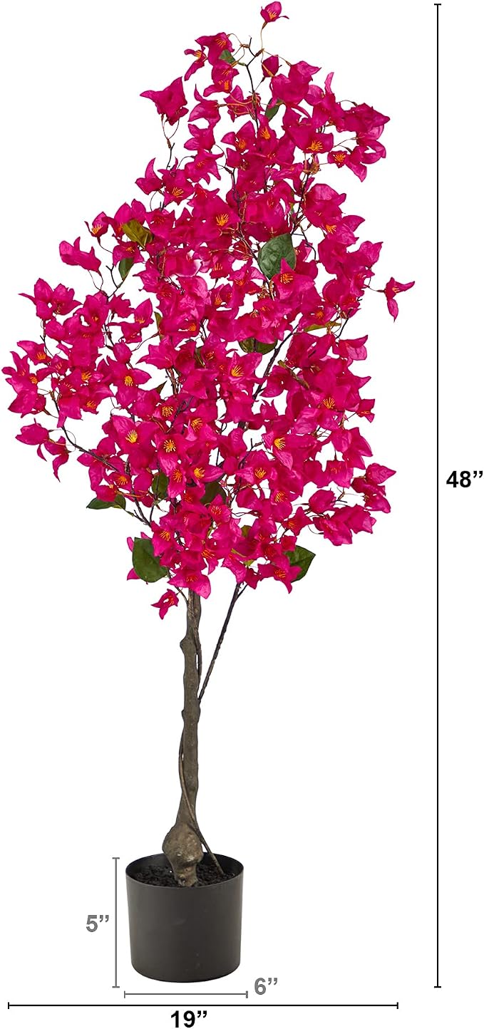 Nearly Natural 4ft. Bougainvillea Artificial Tree, Pink, 19 in. W x 9 in. D x 48 in. H | Vividly Colored Flowers, Realistic Brown Trunk, Housed in a Nursery Planter, Indoor Home Office and Kitchen Decor