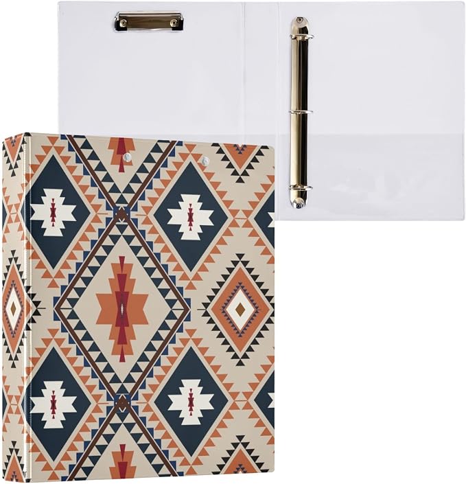 3 Ring Binder 1.5 Inch Western Geometric Ethnic Striped Clipboards Binders with Interior Pockets Round Ring Binder for Office Supplies and School