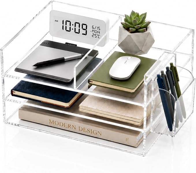 3-Tier Paper Tray Organizer & Pen Holder - Stackable Acrylic Desk Organizer | clear document sorter, vertical file holders, letter storage, workspace accessories, home, office, school, teachers, students