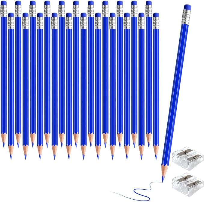 24PCS Erasable Colored Pencils with Eraser Pre Sharpened Pencil 2 HB - Ideal for Checking, Grading, Tests & Office/School Supplies (Blue)