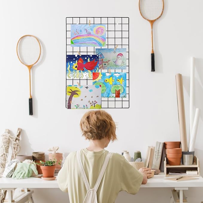 2 Pack Large Wall Grid Panels with Light and Clips, Photo Display Board, Picture Frame Collage Board, Wire Grid Wall Panel Room Decoration,Black | Picture Frames Collage , Wire Grid Wall Panel Room Decoration