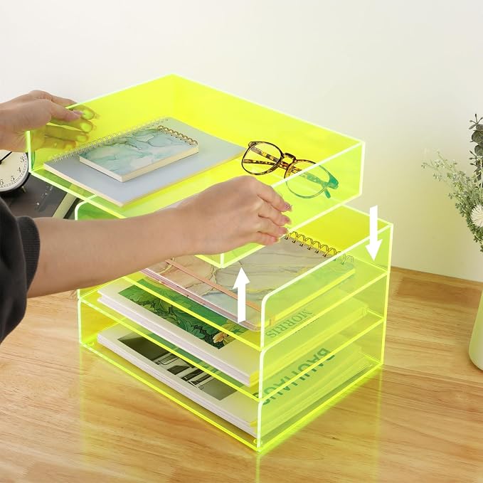Gelite Acrylic File Organizer for Desk 4 Tiered Stackable Letter Tray Office Paper Storage Desktop Document Sorter, Neon Green
