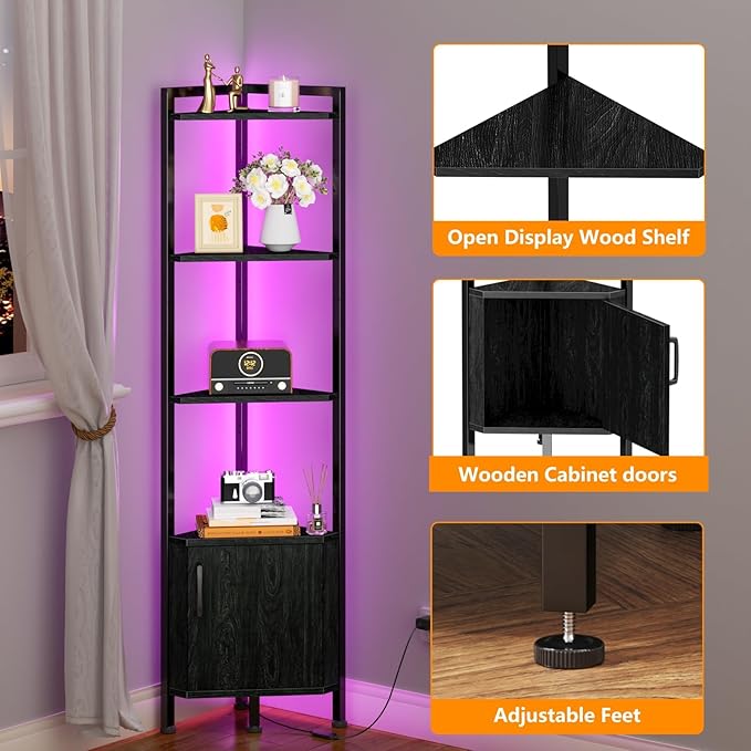 5-Tier Corner Shelf with LED Light,Black Corner Cabinet with Doors | 62.8”Tall Corner Bookshelf with Storage Rack for Bedroom,Living Room,Kitchen,Metal Frame,Wood Display Shelf,Easy to Assemble
