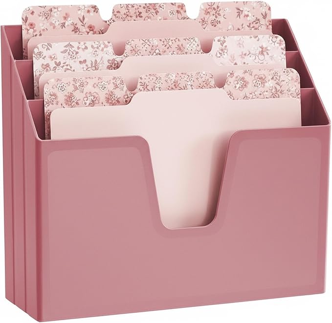 Acrimet Horizontal Triple File Folder Organizer Sorter, Letter Size, Pink | Open Top Design, 3 Staggered Compartments, Wall-Mountable and Desktop, Plastic, Ideal for Folders, Documents, Papers and Mail