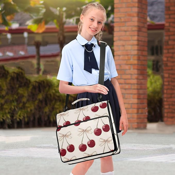 Cherry Pink Bow Cherries Zipper Binder Bag 3 Ring Binder with Shoulder Strap Zip Up 500 Sheets Capacity Multi Pockets for School Office Supplies