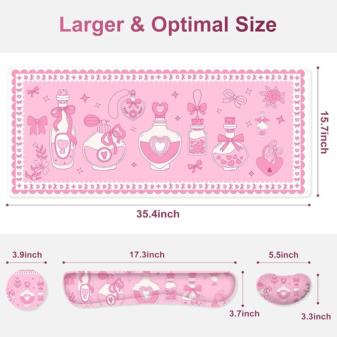 Desk Mat Pad, Gaming Mouse Pad Wrist Support Set, 4 in1 Non-Slip XXL Large Mousepad + Ergonomic Keyboard Wrist Rest+Mouse Wrist Rest+Coaster for Home Office Computer I Pink Kawaii Bow Bottle