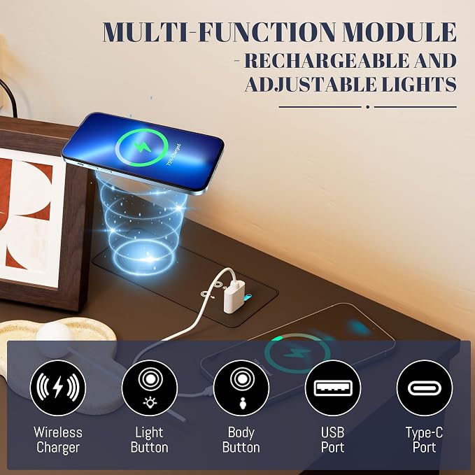 Black Bedroom Nightstand with Charging Station and LED Lights, Modern Bedside Table with Hidded Drawer, Smart Night Stand with Open Storage Shelf, USB Port, Metal Legs