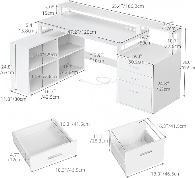 DWVO L Shaped Desk with Drawers | 65" Computer Desk with Power Outlets & LED Lights, Corner Home Office Desk with Storage Shelves & Printer Stand, White