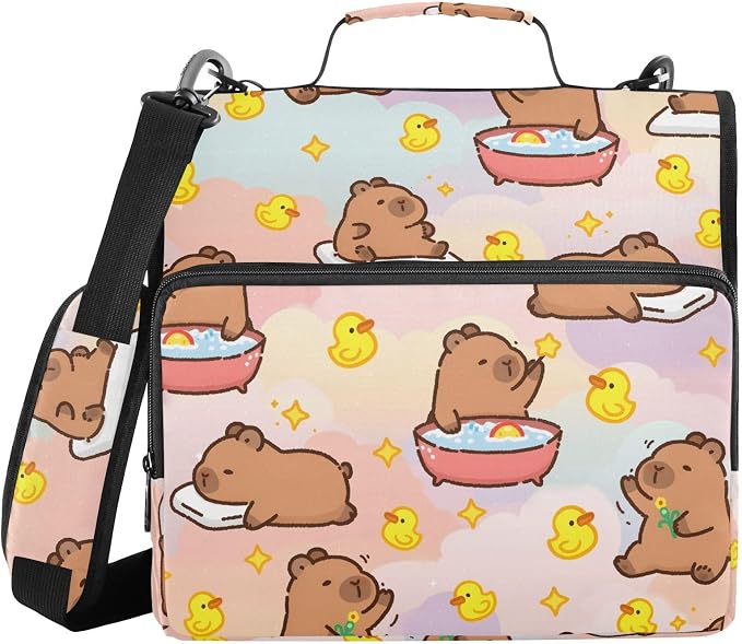 Capybara Ducks 3 Ring Binder Bag 1.5 inch Binder Organizer with Zipper Shoulder Strap 500 Sheet Documents Storage for School Office