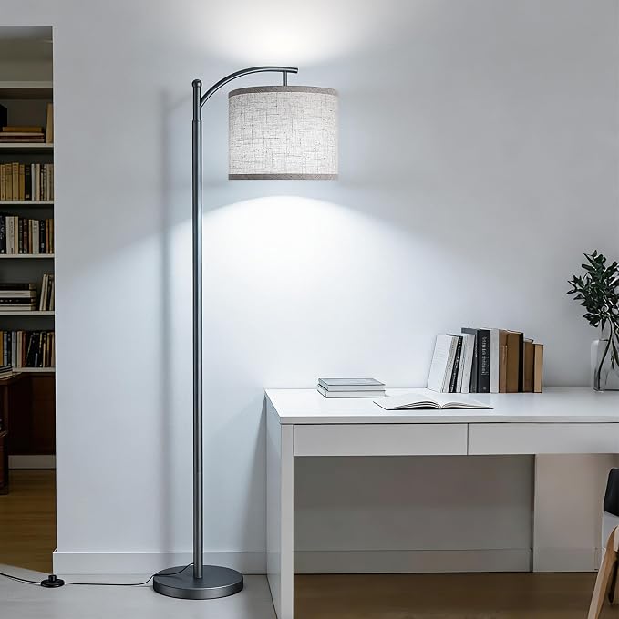Floor Lamp for Living Room with 3 Color Temperatures LED Bulb, Standing Lamp Tall Industrial Floor Lamp Reading for Bedroom, Office (9W LED Bulb, Beige Lampshade Included) -Grey