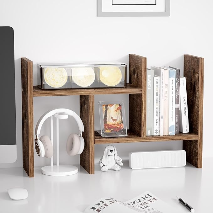 Jerry & Maggie Desktop Organizer Office Storage Rack Adjustable Wood Display Shelf Free Style Double H, Multi-Functional Mini Bookshelf for Desk Natural Stand (Natural Wood Tone)