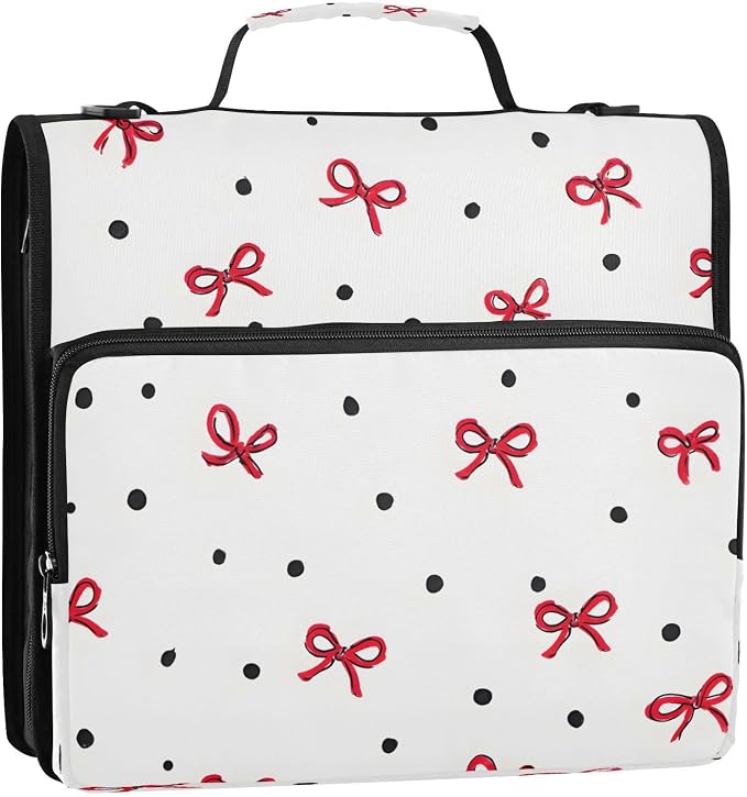 ALAZA Zipper Binder 3 Ring Red Bow Black Polka Dot Binder Organizer with Zipper and Shoulder Strap Large Capacity Multi-Pocket Trapper Keeper File Folder for Office Supplies
