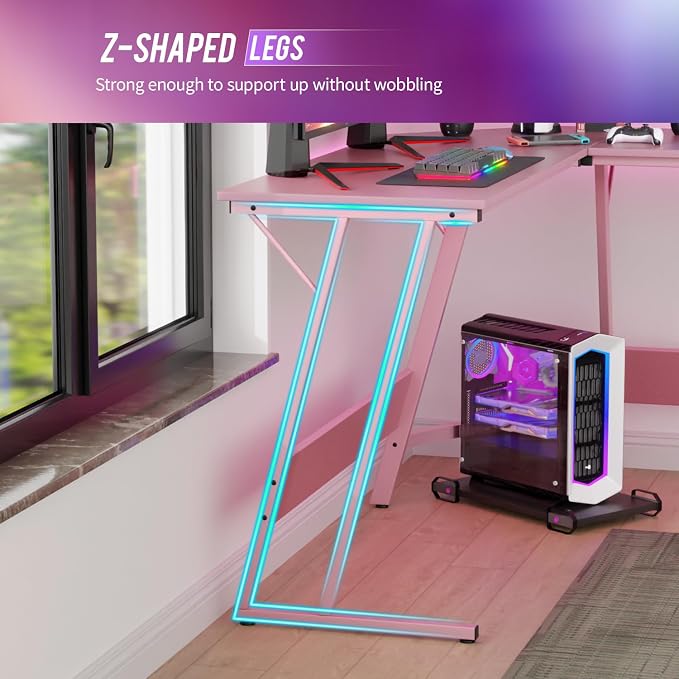 FDW L Shaped 51 Inch Gaming Desk,Corner Computer Desk,PC Gaming Desk,Writing Workstation with Large Monitor Stand for Home Office,Pink