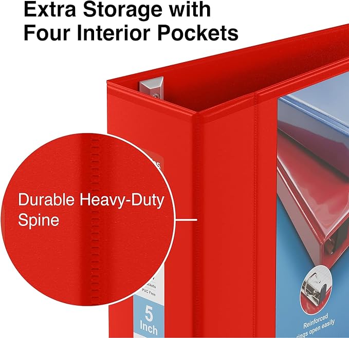 Staples Heavy-Duty 5-Inch D-Ring View Binder, Red, 1,000 Sheets | Extra-large capacity for office archiving and bulk document storage.