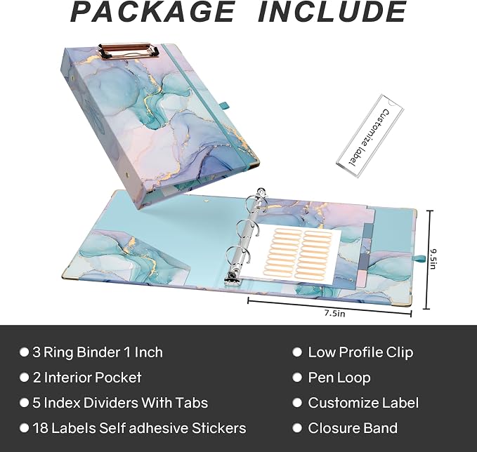 EYROZILL Mini Binder with Clipboard,3 Ring 1 Inch, for 5.5" x 8.5" Paper.A5 Binders with 5-Tab Dividers for School Office Supplies and Home, Green Marble
