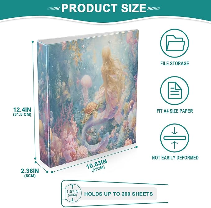 Beautiful Mermaid Coral Round Ring Binders 1.5 Inch 3 Ring Binder with Clipboard Holds 200 Sheets Office Home School