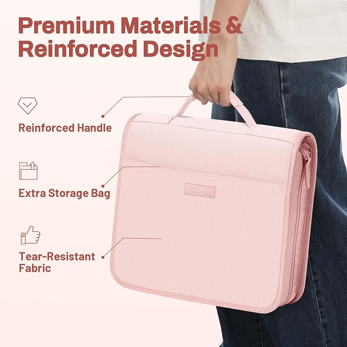 SUNEE Zipper Binder with Handle, 1.5 Inch O-Ring, 325 Pages Capacity, with 5-Tab Expanding File Folder for Classified Storage, Small Size Lightweight Zipper Bag for Middle School Students, Pink Lotus
