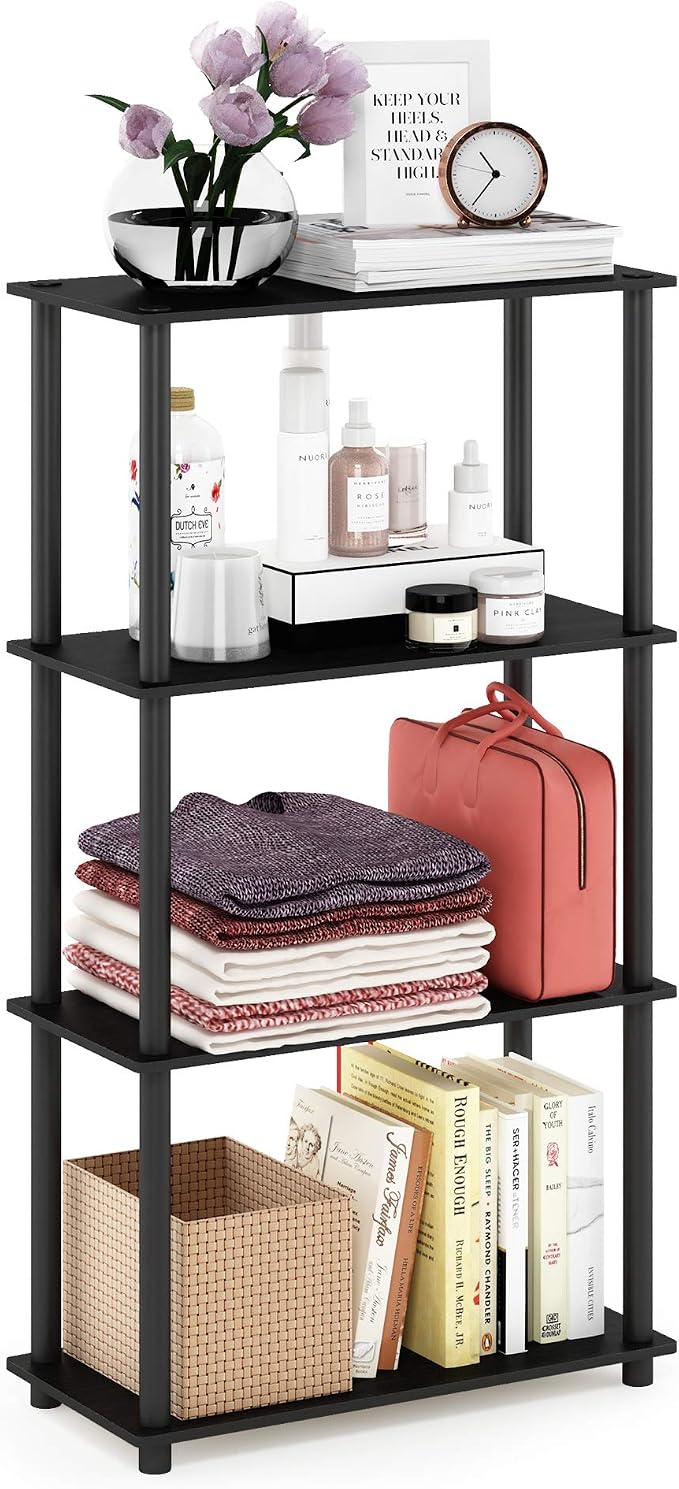 Furinno Turn-N-Tube Toolless 4-Tier Storage Shelves, Americano | Wide Open Frame Book Shelf, Corner Shelf, for Organization, Living Room, Garage, Home Office