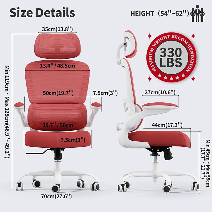 TRALT Office Chair Ergonomic Desk Chair - Gaming Chair with Lumbar Support | 330 LBS Home Office Desk Chairs with Headrest, Reading Chair with Flip-up Armrests, Comfortable Computer Chairs (1, Red)