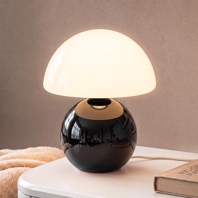 Mushroom Lamp Table Lamp for Bedroom-Small Desk Table Lamps,Black | 8.7" Mid Century Modern Table Lamps for Living Room Bedroom Decor,Cute Ceramic Lamps for Mushroom Home Room Decor,Glass Shade