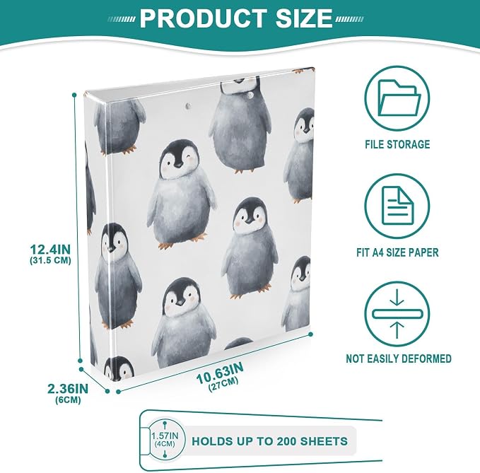 Black Penguin 3 Ring Binder with 2 Interior Pockets 1.5 inch Binders 3 Ring Heavy Duty Fit 8.5" x 11" Letter Size for Office School, 2 Pack
