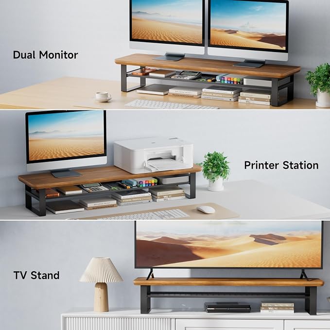 Dual Monitor Stand, 35.4 Inch Monitor Stand Riser for 2 Monitors, 2 Tiers Wood Desk Shelf with Storage, Desktop Organizer Stand for Computer, Laptop, Printer, TV