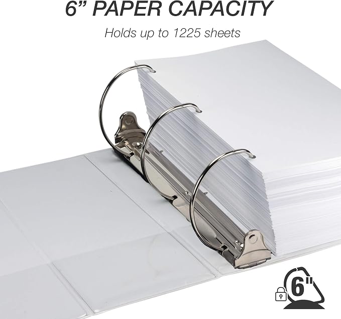 Samsill Durable 6 inch 3 Ring Binder, Locking D Ring Binder, Customizable Clear View Cover, White, 2-Pack, Holds 1225 Pages