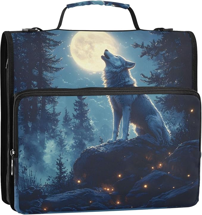 3 Ring Zipper Binder with Shoulder Strap Wolf Moon Galaxy Winter Forest 2 Inch Zippered Binder Bag 500 Sheet Capacity Multi Pockets for School Supplies