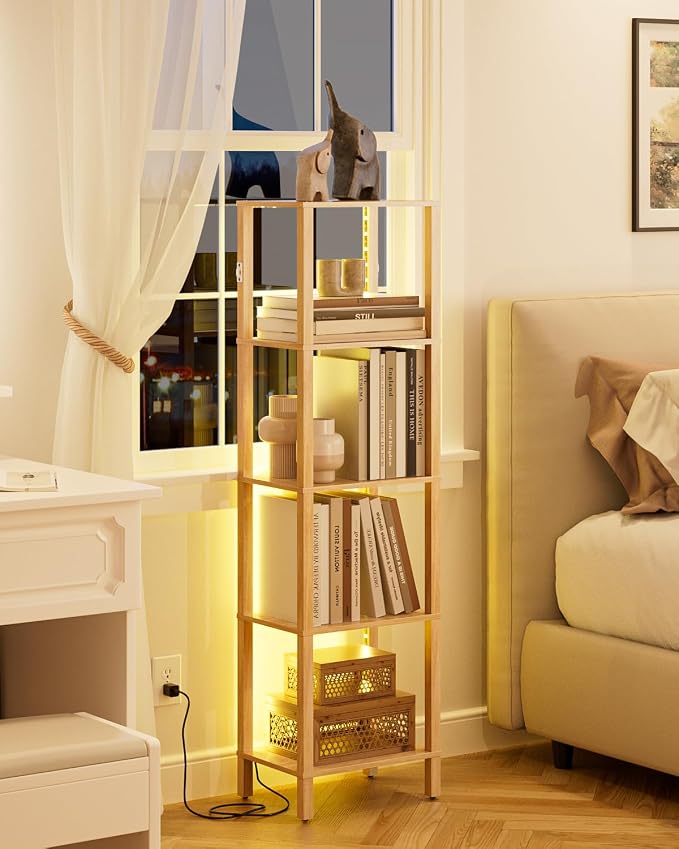 Open Book Shelf with LED Lights, 5 Tier Tall Bookshelf, Freestanding Shelf Narrow Bookcase with Open Shelves, 14.96" x 10.63" x 53.54", Book Shelves for Living Room, Office, Study, Oak