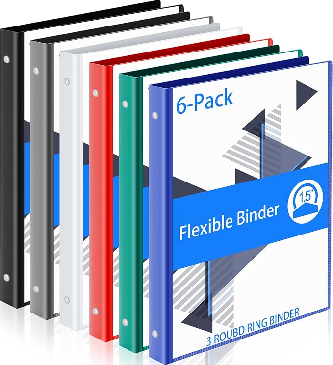 Fulmoon 6 Pack 1.5 Inch Plastic 3 Ring Binders with Pockets, Classic Colors | Flexible Covers with Round Rings and Front Pockets for Organizing Papers at School, Office, Meetings and Presentations