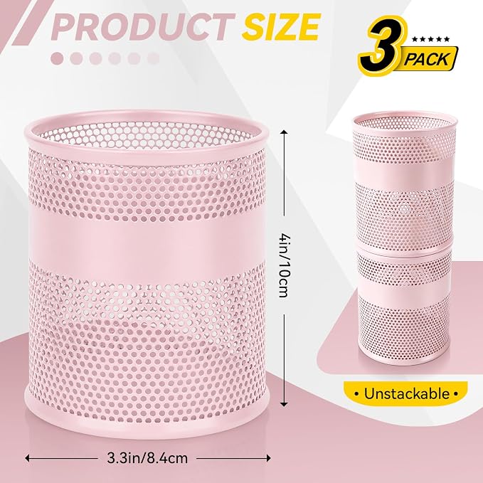 Segarty Pencil Holder, 3 Pack Pink Pen Holder, 3.3 x 3.9 inch Pencils Cups, Round Metal Pens Container Organizer for Office Supplies, School Classroom, Makeup Brush, Home Storage